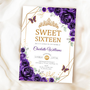 Elegante Sweet 16 Paarse Rozen Goud Kaart