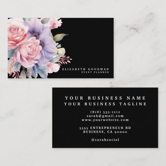 Elegante Sweet Flowers Zwarte Visitekaartjes (Voorkant / Achterkant)