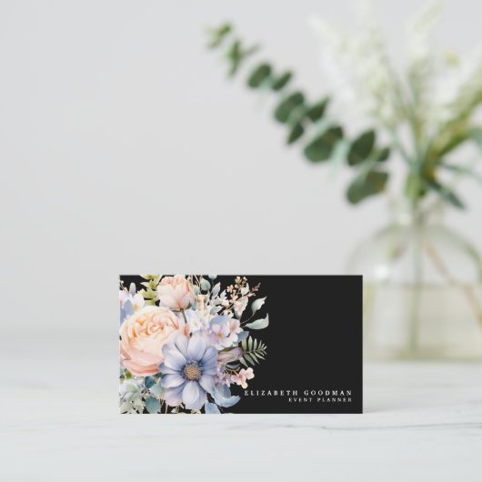 Elegante Sweet Flowers Zwarte Visitekaartjes (Staand voorkant)