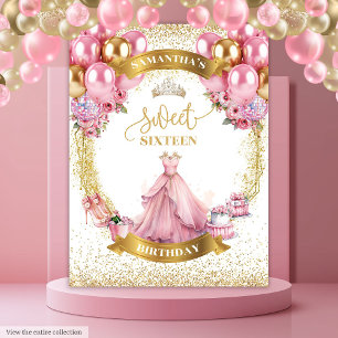 Elegante Sweet Sixteen Banner Roze Jurk Gouden Bal Wandkleed