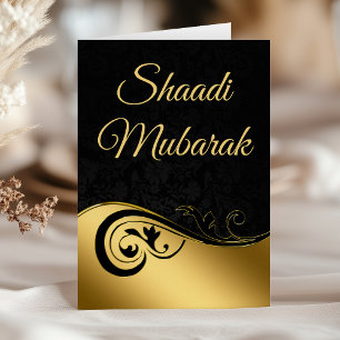 Elegante Swirl Zwart en Goud Shaadi Mubarak Kaart