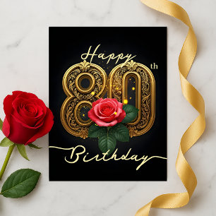 Elegante Tachtigste Gouden Bloei Roze Roos Verjaar Briefkaart