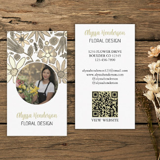 Elegante Tan & Witte Bloem Foto QR Code Logo Visitekaartje