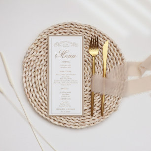 Elegante Taupe botanische kam monogram bruiloft Menu