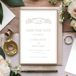Elegante Taupe botanische kam monogram bruiloft Save The Date