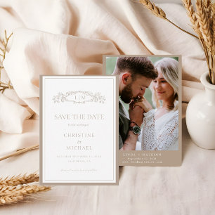 Elegante Taupe botanische kam monogram bruiloft Save The Date