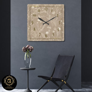 Elegante Taupe Bruine Botanische Wandklok Vierkante Klok