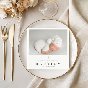 Elegante Taupe Religieus Kruis Foto Doop Servet