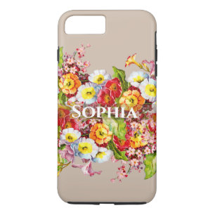 Elegante Taupe Vintage Bloemen Persoonlijke Naam iPhone 8 Plus / 7 Plus Hoesje