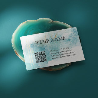 Elegante Teal Alcohol Ink Marmer met QR-code Visitekaartje