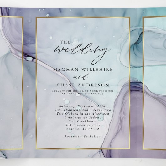 Elegante Teal Amethist Abstracte Inkt Drieluik Uitnodiging (Binnenkant midden)