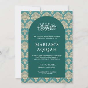 Elegante Teal Damast Arabische Boog Aqiqah Kaart