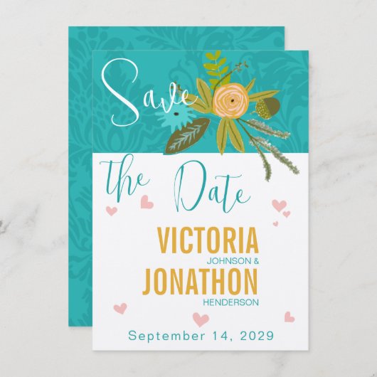 Elegante Teal Damast Turquoise Roze Gouden Bruilof Save The Date (Voorkant / Achterkant)