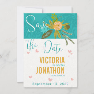 Elegante Teal Damast Turquoise Roze Gouden Bruilof Save The Date