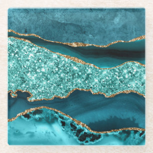 Elegante Teal en Goud Glitter Oceaan Agiet Glazen Onderzetter