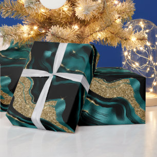 Elegante Teal en Gouden Glitter Agate Verjaardag Cadeaupapier