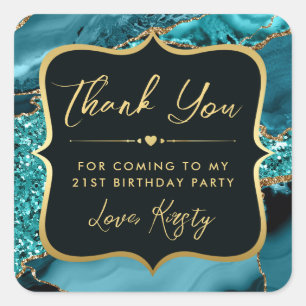 Elegante Teal en Gouden Glitter Agate Verjaardag Vierkante Sticker