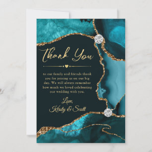 Elegante Teal en Gouden Nep Glitter Agate Bruiloft Bedankkaart