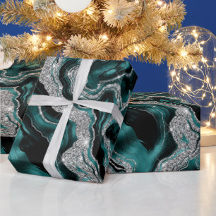Elegante Teal en Zilver Glitter Agate Verjaardag Cadeaupapier