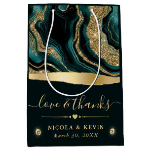 Elegante Teal Folie- en Goud Glitter Agate Bruilof Medium Cadeauzakje