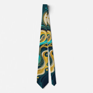 Elegante Teal Gouden Abstracte Stroomkunst Stropdas