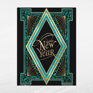 Elegante Teal Gouden Art Deco Nieuwjaar Feestdagenkaart