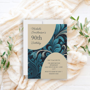 Elegante Teal Gouden Bloem 90ste Verjaardag Kaart