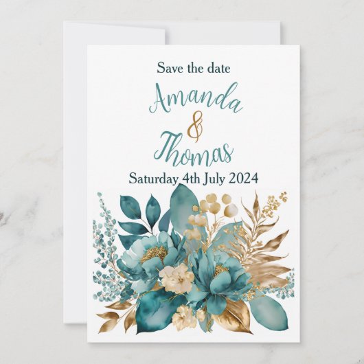 Elegante teal & gouden bloemensave the date kaart (Voorkant)