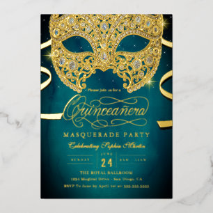 Elegante Teal Gouden Masquerade Quinceanera Folie Uitnodiging