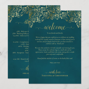 Elegante Teal & Gouden Trouw Welkom & Reisprogramm Programma