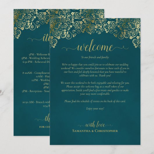 Elegante Teal & Gouden Trouw Welkom & Reisprogramm Programma (Voorkant / Achterkant)
