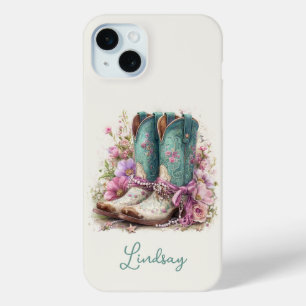 Elegante Teal Laarzen met Gebloemde Monogram iPhone 15 Mini Hoesje