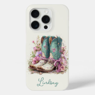 Elegante Teal Laarzen met Gebloemde Monogram iPhone 15 Pro Case