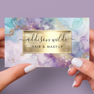 Elegante Teal Paarse En Gouden Waterverf Marmer QR Visitekaartje