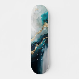 Elegante Teal Turquoise & Goud Marmer Steen Skateboard