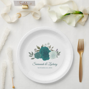 Elegante Teal Watercolor Boho Chic Rozen Bruiloft Papieren Bordje