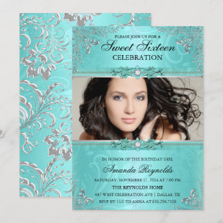 Elegante Teal & Zilveren Bloemige Sweet Sixteen Ui Kaart