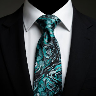 Elegante Teal & Zwarte Marmer Swirl Stropdas