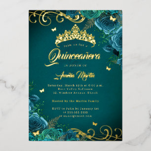 Elegante Tealroos Draaiing Gouden Quinceanera Folie Uitnodiging