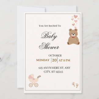 Elegante Teddybeer Baby Shower Uitnodiging