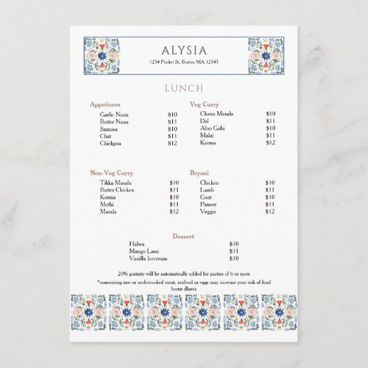 Elegante tegeldesign restaurant lunch menu (Voorkant)