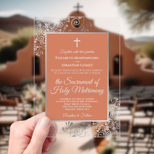 Elegante Terracotta Koraal & Zilver Katholieke Bru Acryl Uitnodigingen