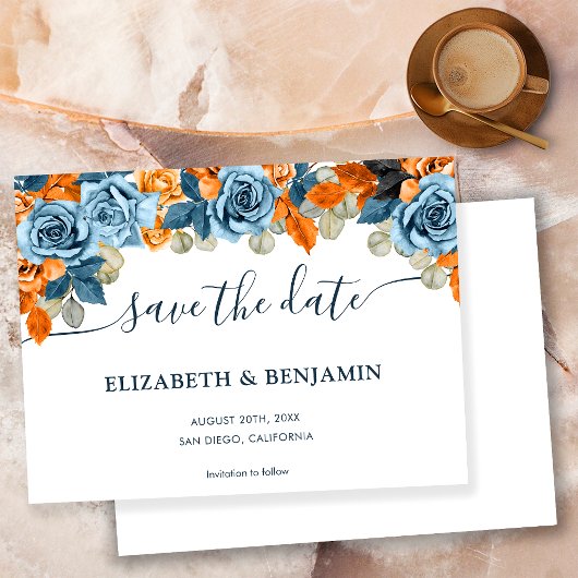 Elegante terracotta marine blauw en roest bruiloft save the date