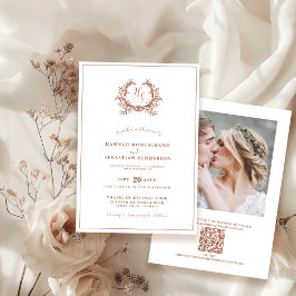 Elegante Terracotta Monogram Wapen QR Code Bruilof Kaart
