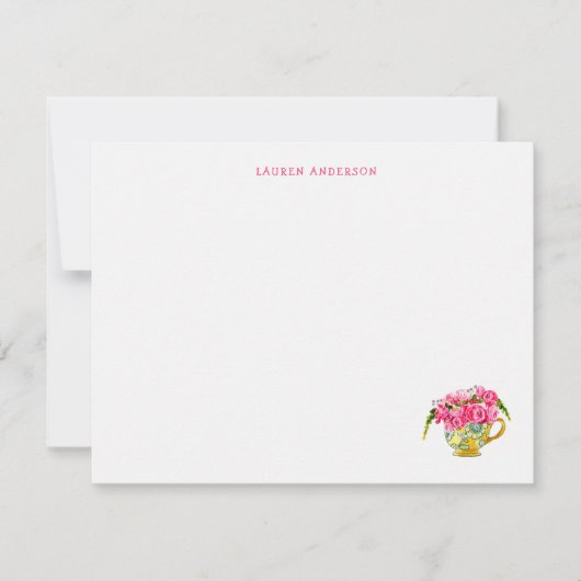 Elegante Theekop met roze rozen plat Dank u Bedankkaart (Voorkant)