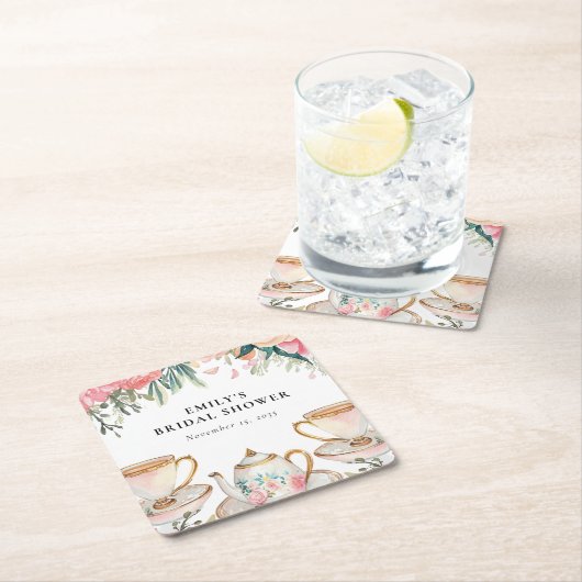 Elegante Theepartij Bruiloft Feest Vierkante Kartonnen Onderzetter (Insitu)