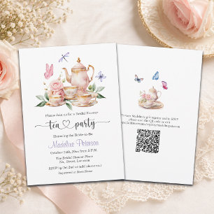 Elegante theepartij QR-code vlinder bruidsdouche Kaart