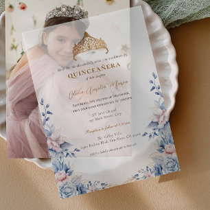 Elegante Tiara Gold Blue rozen Quinceañera Vellum Uitnodigingen