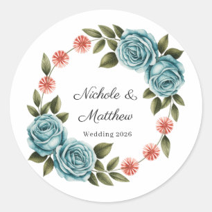 Elegante Tielroze & Oranje Madeliefjes Bruiloft Ronde Sticker