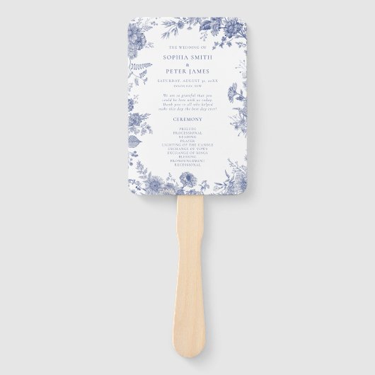 Elegante Toile Blauwe Ceremonie Programma Handvent Handwaaier (Voorkant)